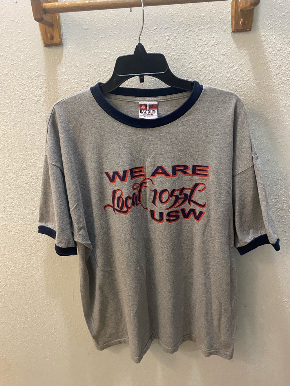 Gray Ringer Graphic Tee with Navy Trim - We Are Local 1055 USW